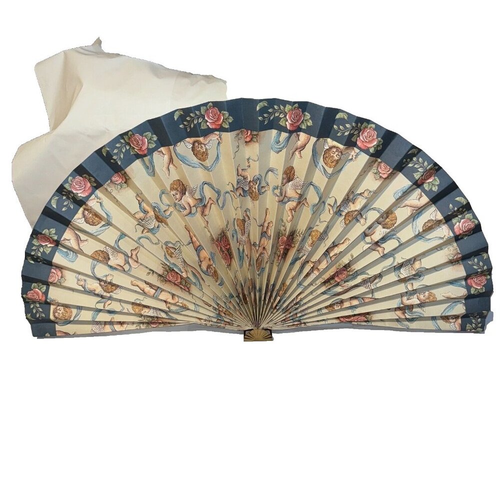 Decorative Cherub Folding Wall Fan in Cream and Navy